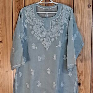 LARGE gorgeous ice-blue Indian kurta, embroidered, tunic, traditional, unique!